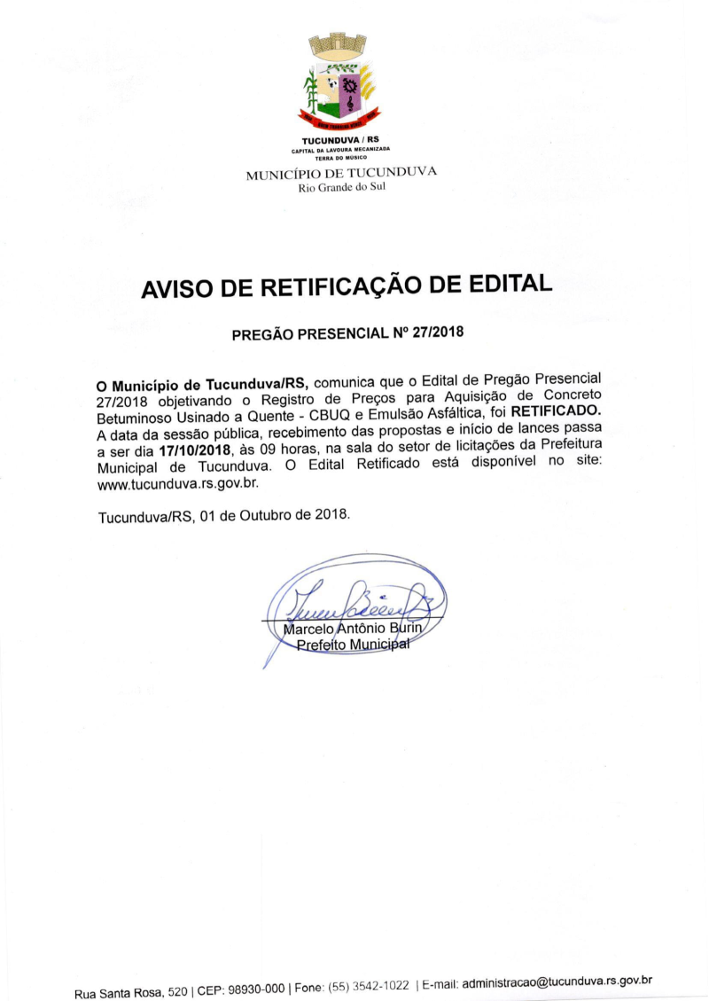 AVISO DE RETIFICAÇÃO EDITAL DE PREGÃO PRESENCIAL 27/2018